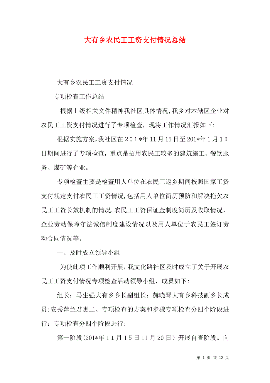 大有乡农民工工资支付情况总结_第1页