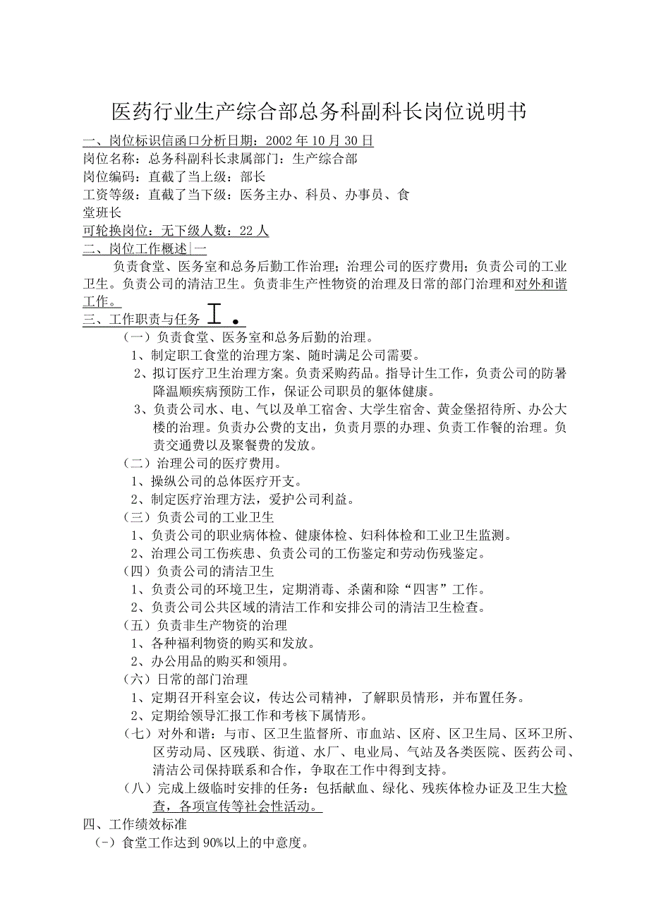 医药行业生产综合部总务科副科长岗位说明书_第1页