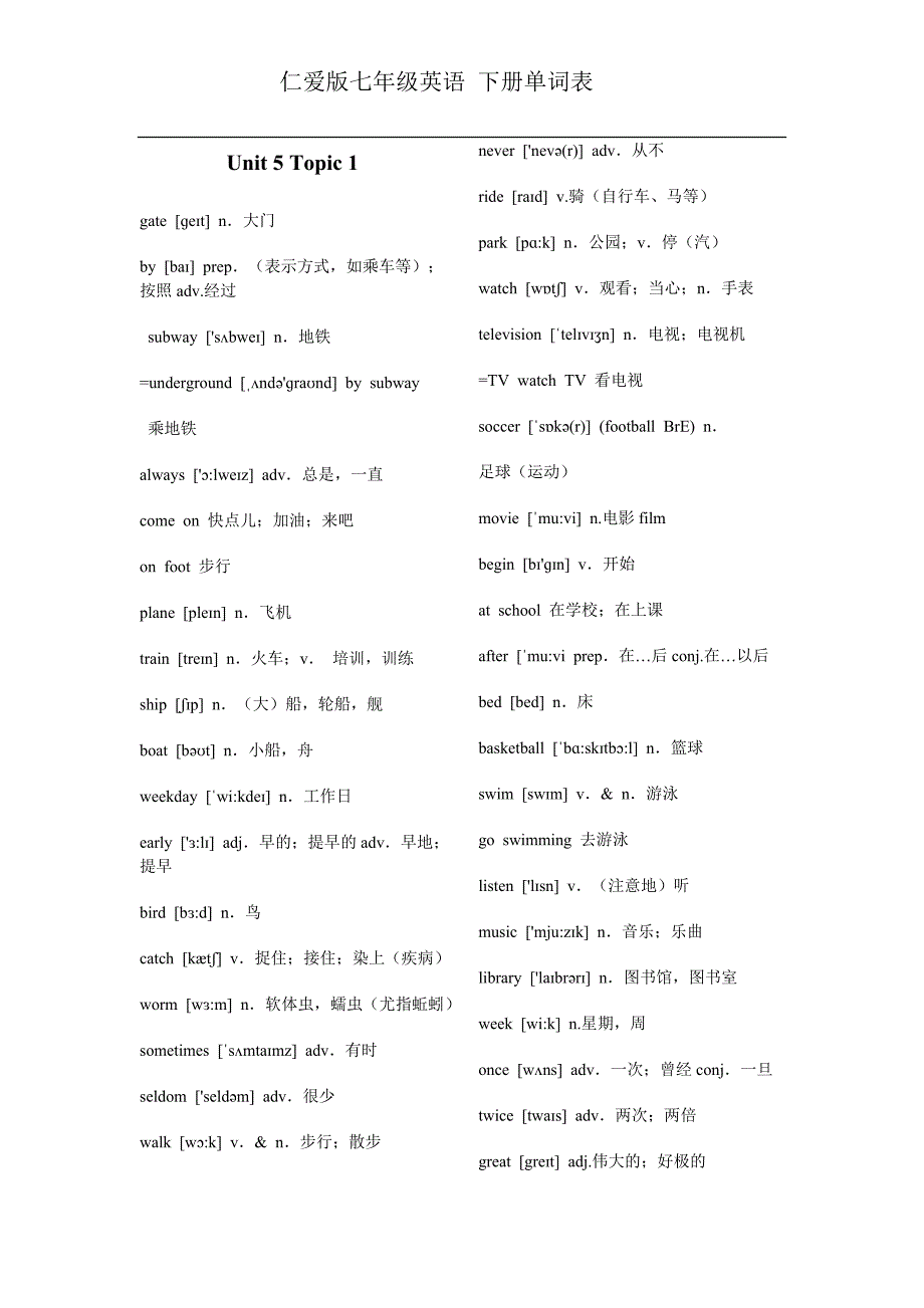 仁爱版七年级英语-下册单词表.doc_第1页