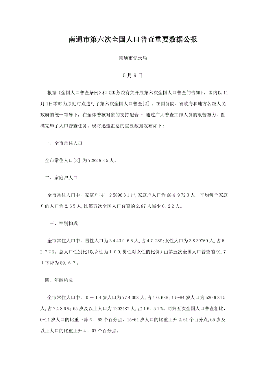 1006-江苏省南通市第六次人口普查主要数据公报_第1页