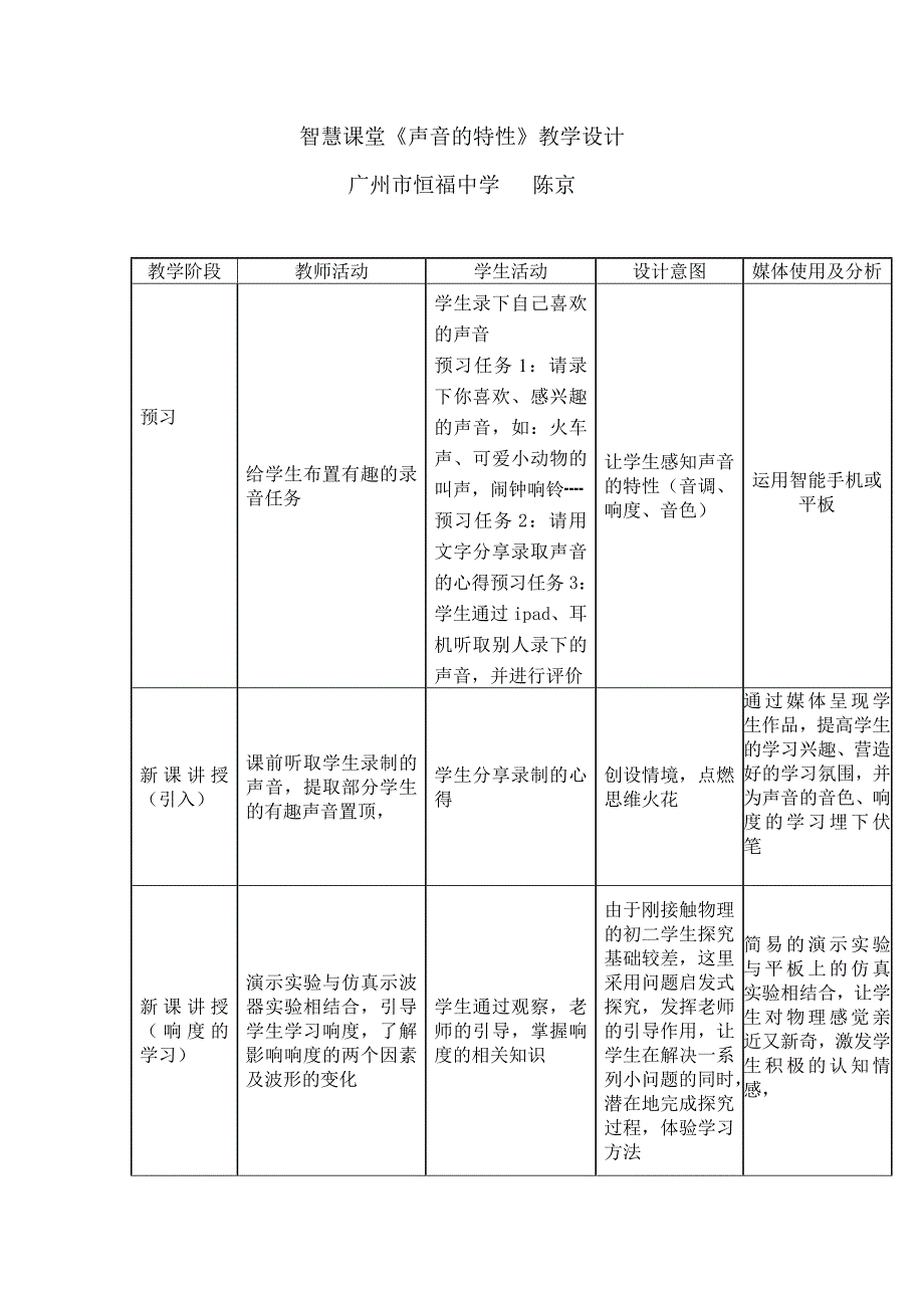 物理人教版八年级上册智慧课堂《声音的特性》教学设计_第1页