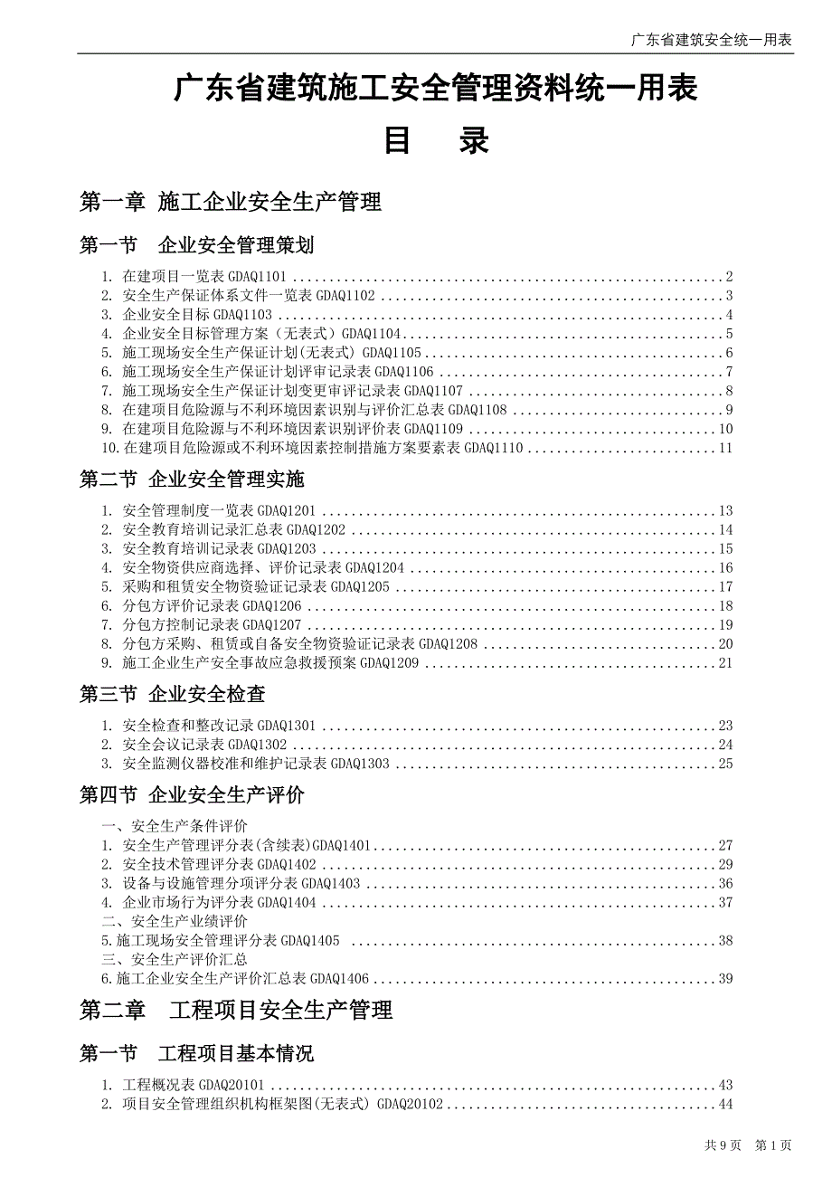 版《广东省建筑施工安全管理资料统一用表》目录(免积分)_第1页