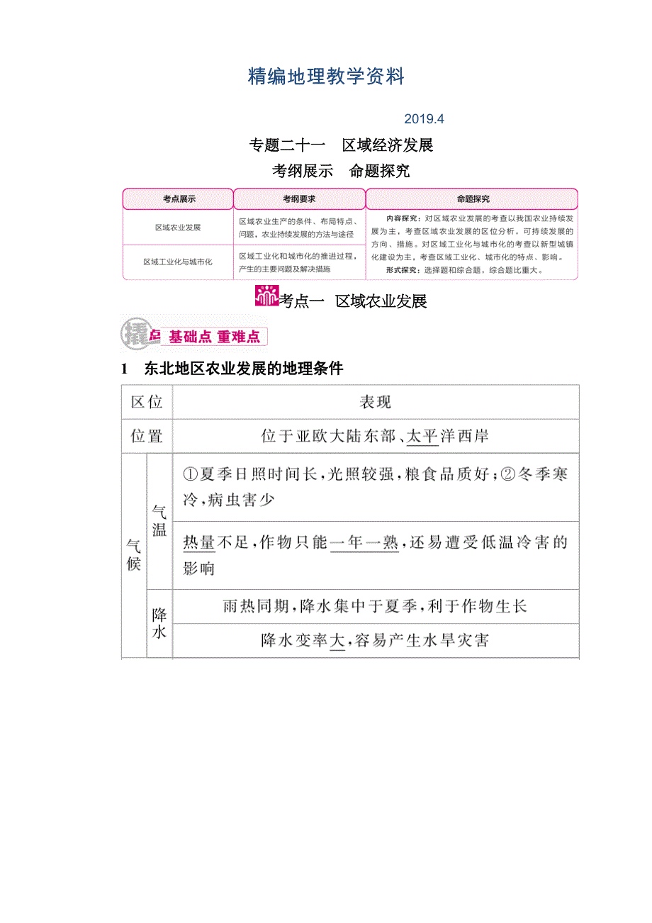 精编【学霸优课】高考二轮：21.1区域农业发展教学案含答案_第1页