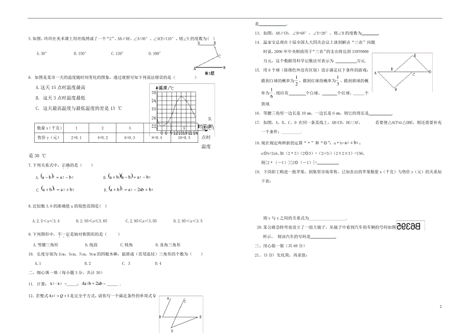 四川省成都市双流中学七年级下学期期末考试(含答案)4696_第2页