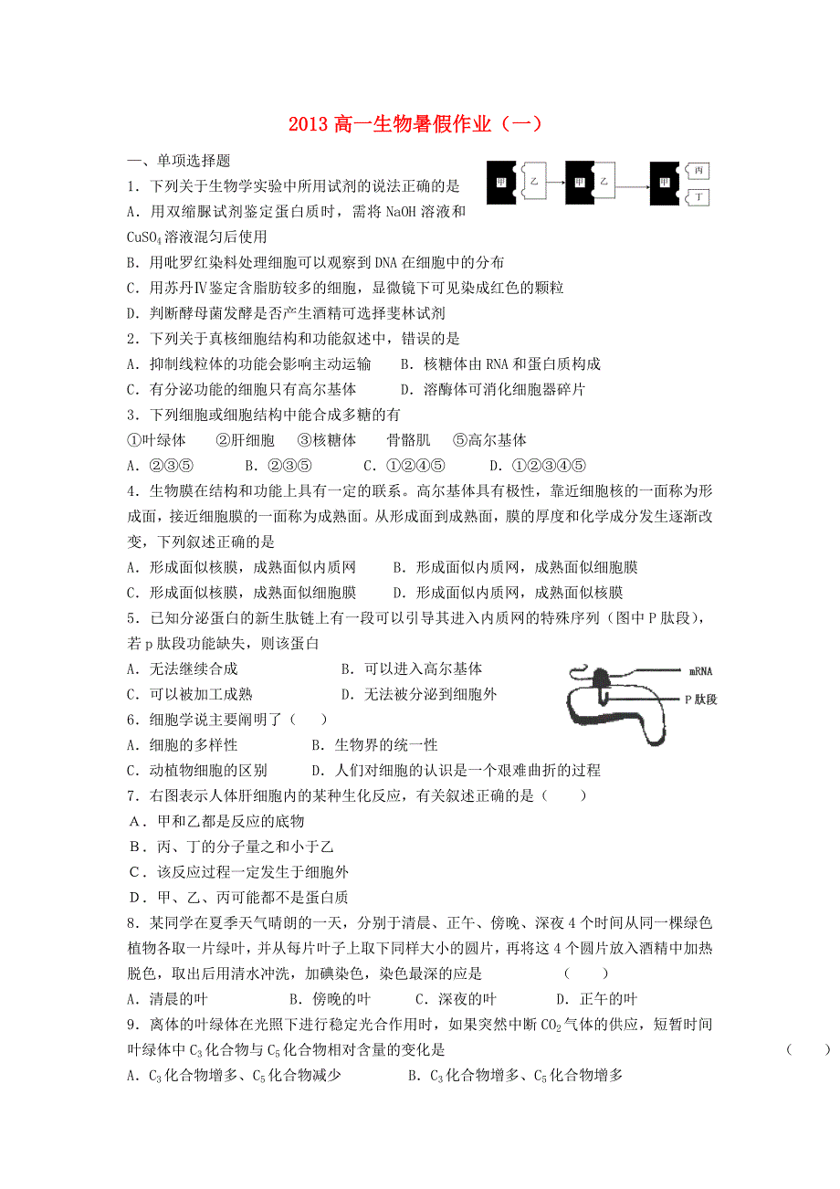 山东省2013年高一生物暑假作业（一）_第1页