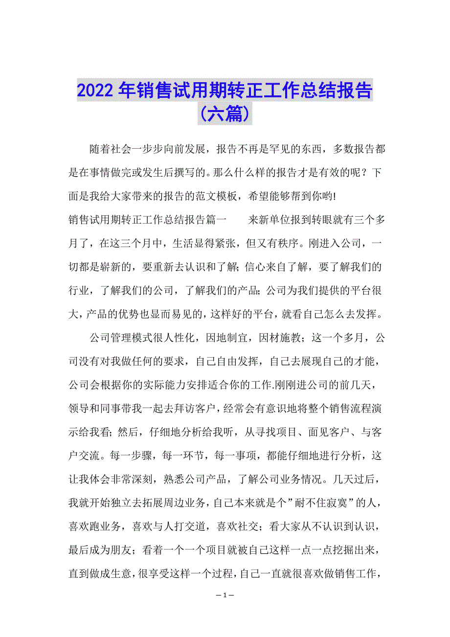 2022年销售试用期转正工作总结报告(六篇).doc_第1页