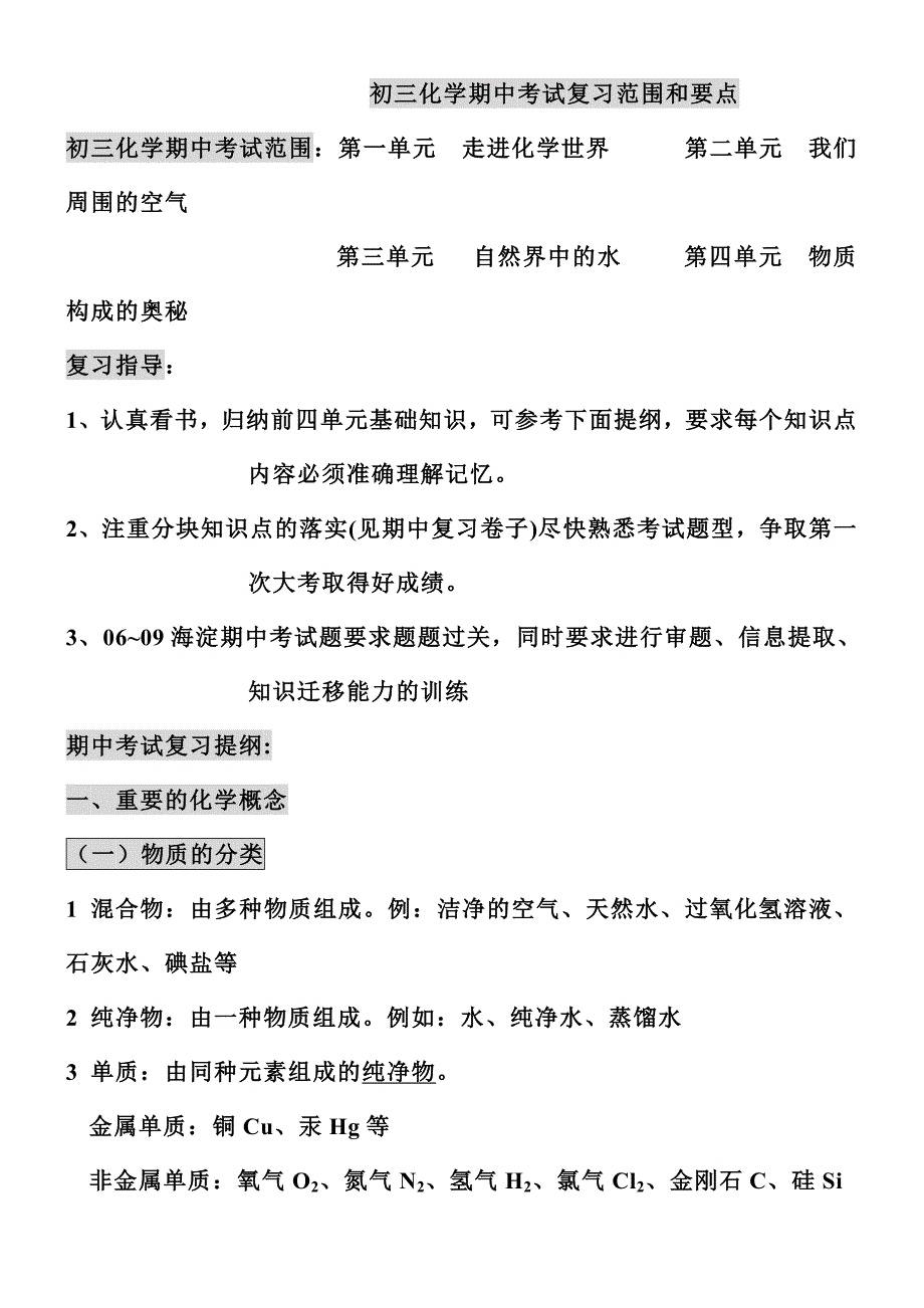 初三化学期中考试要点_第1页