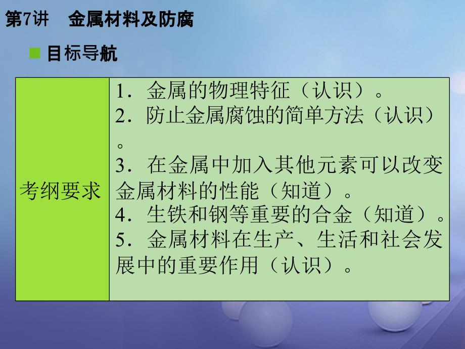 广东省2017年中考化学复习第一轮基础过关瞄准考点第一部分身边化学性质第7讲金属材料及防腐_第2页