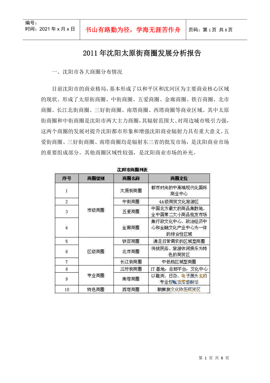 XXXX年沈阳太原街商圈发展分析报告_第1页