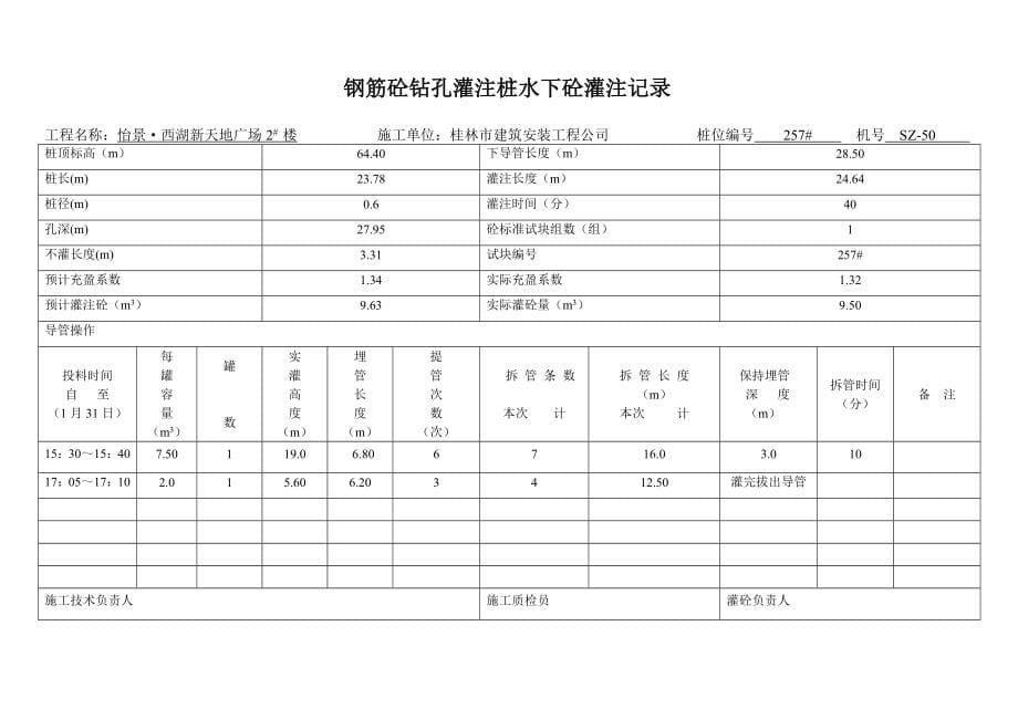 钢筋砼钻孔灌注桩水下砼灌注记录_第5页