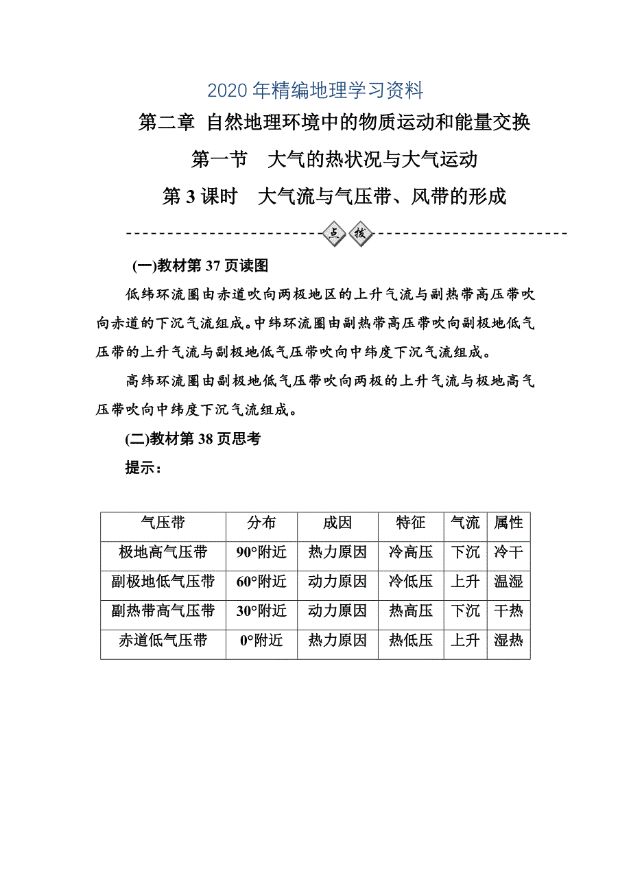 年中图版地理必修一配套练习：第二章第一节第3课时大气流与气压带、风带的形成 Word版含解析_第1页