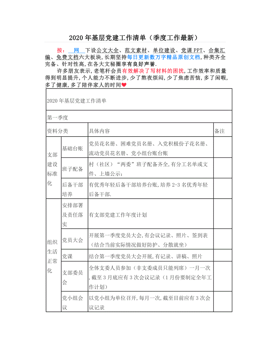 最新基层党建工作清单（季度工作最新）_第1页