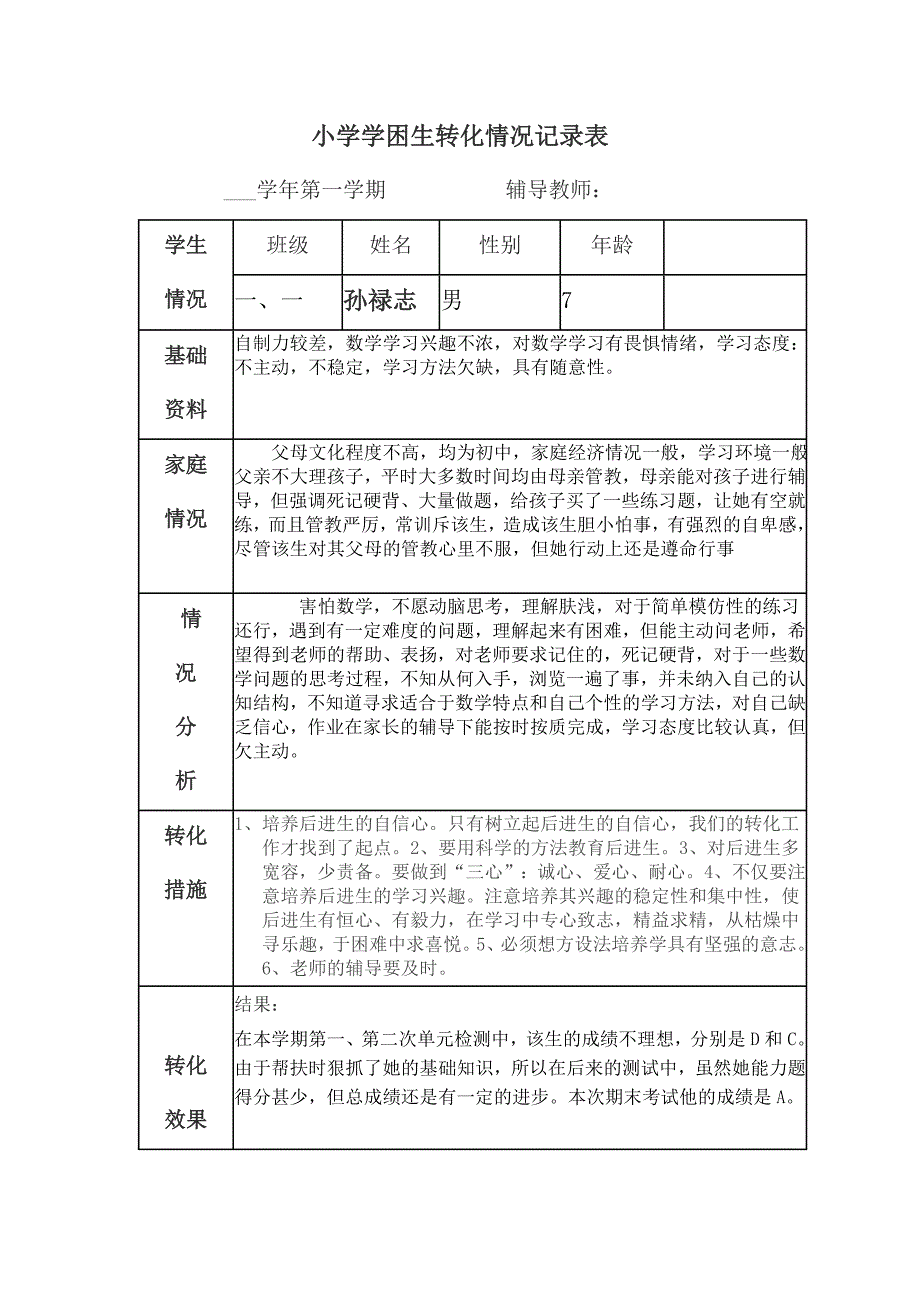 小学一年级学困生转化情况记录表_第2页