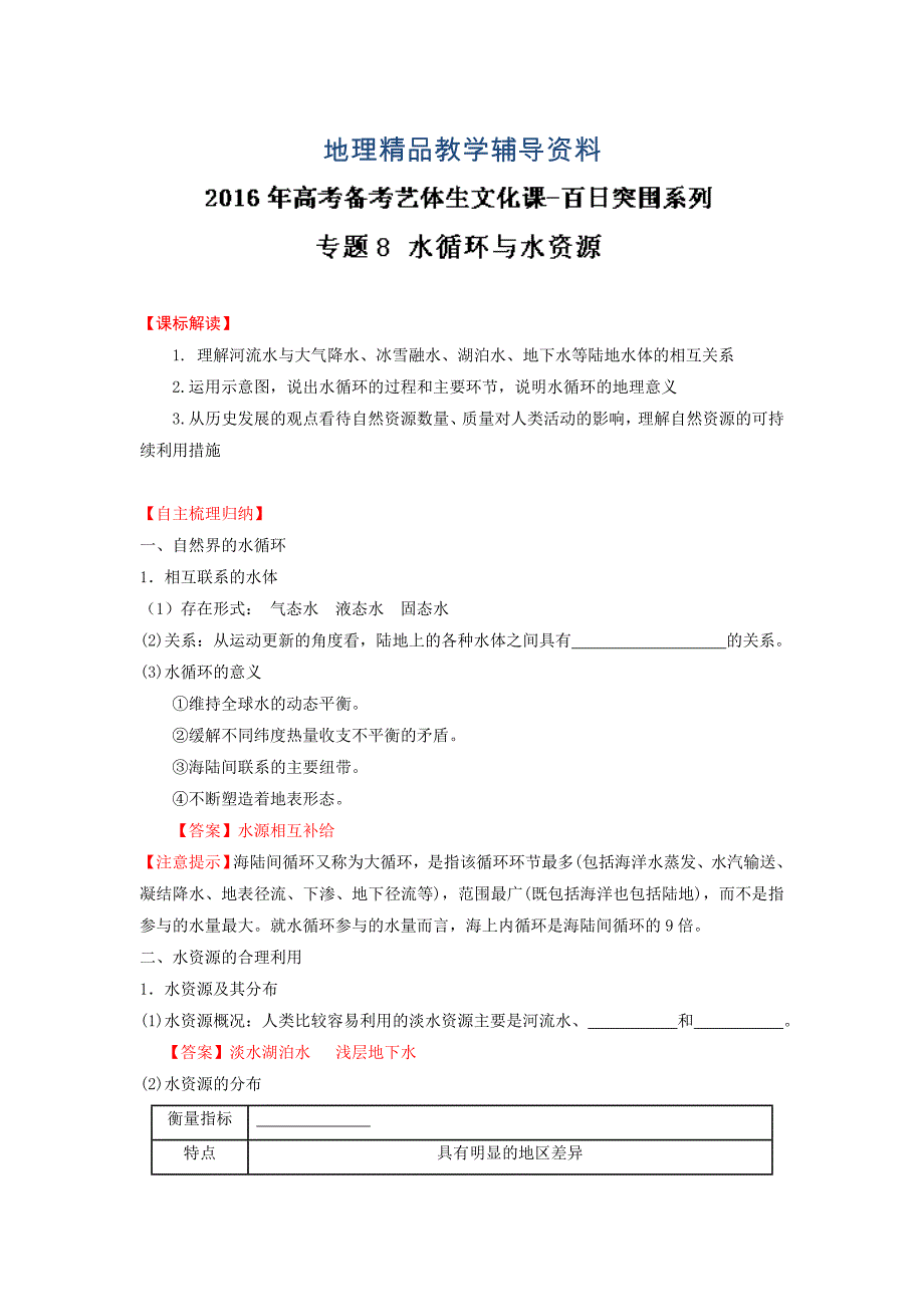 【精品】高考地理艺体生百日专题突围08水循环与水资源Word版含解析_第1页