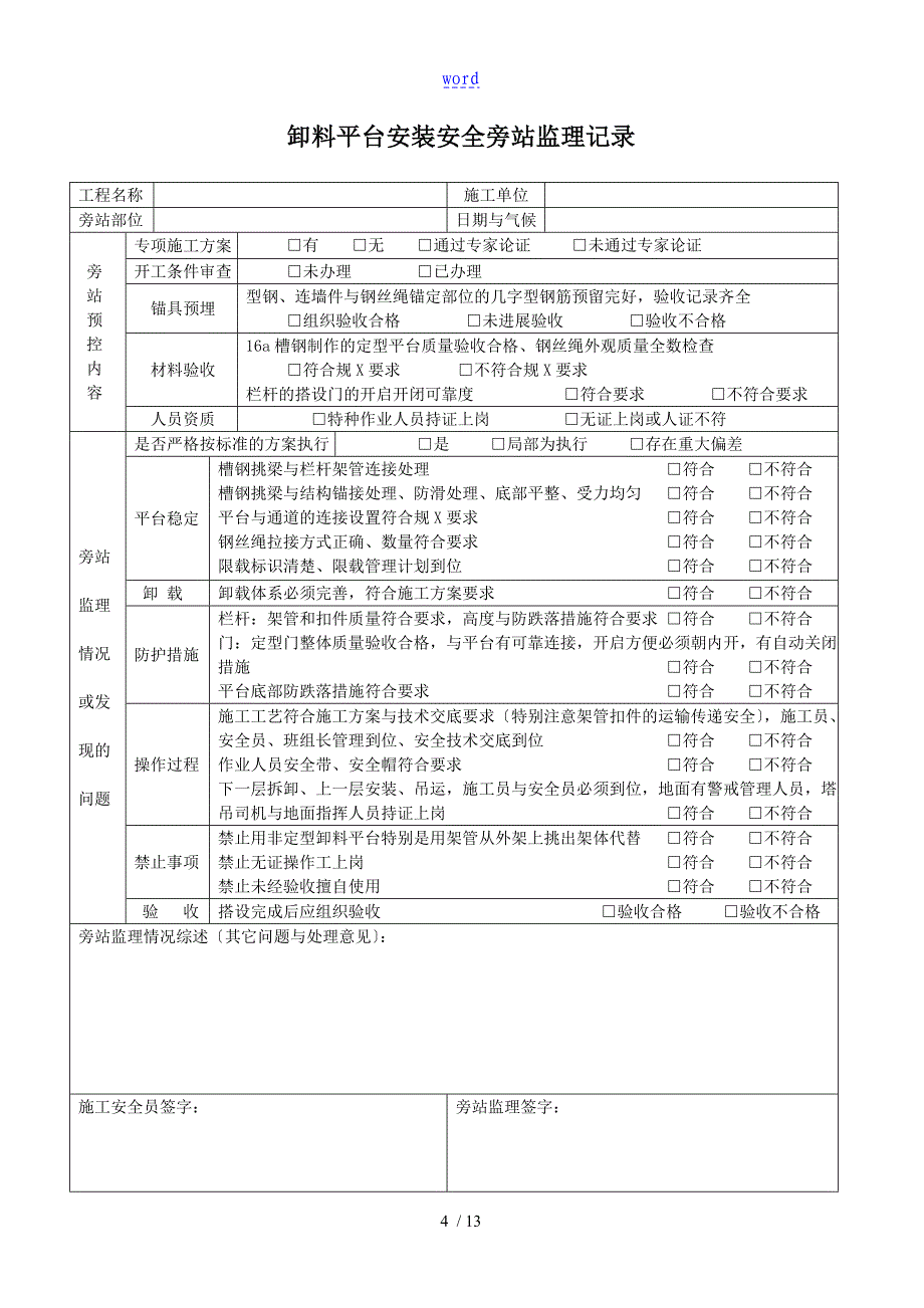 重大危险源的安全系统的监理巡视检查记实表_第4页