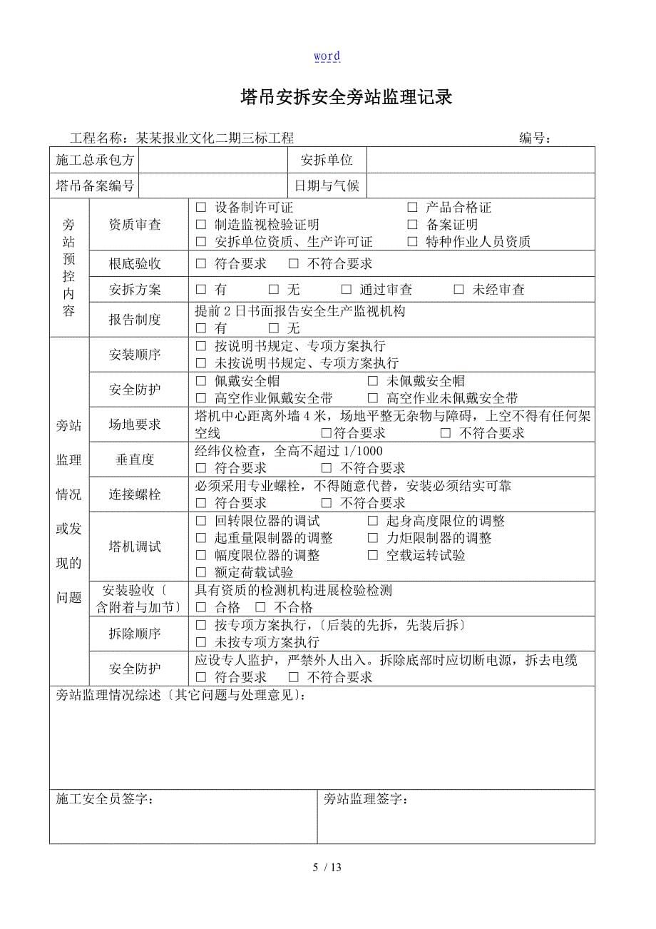 重大危险源的安全系统的监理巡视检查记实表_第5页