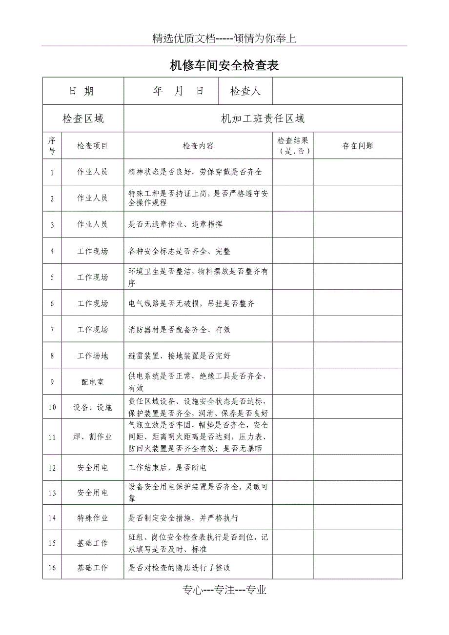 机修车间安全检查表(分班组)_第1页