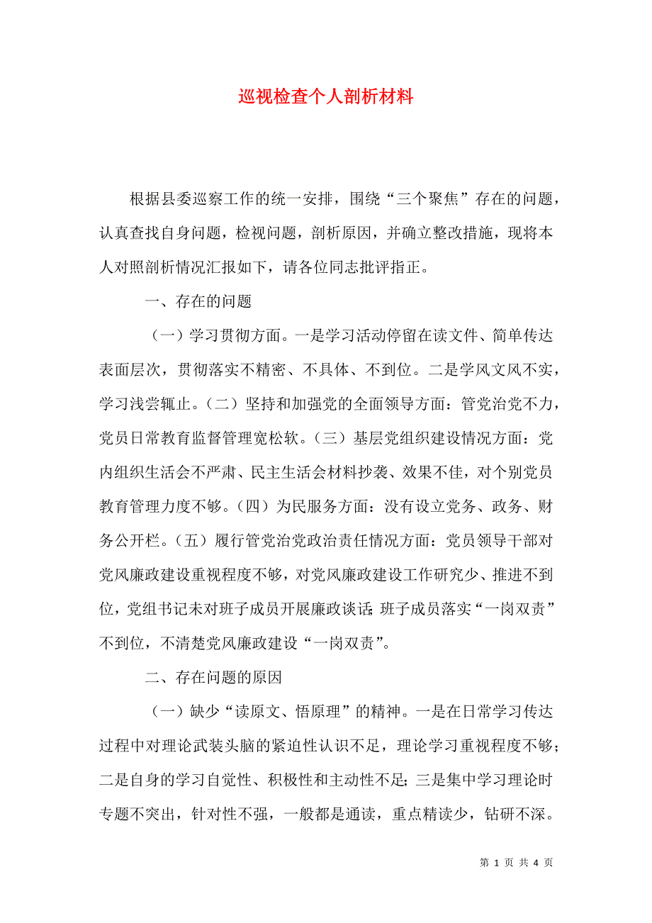 巡视检查个人剖析材料_第1页