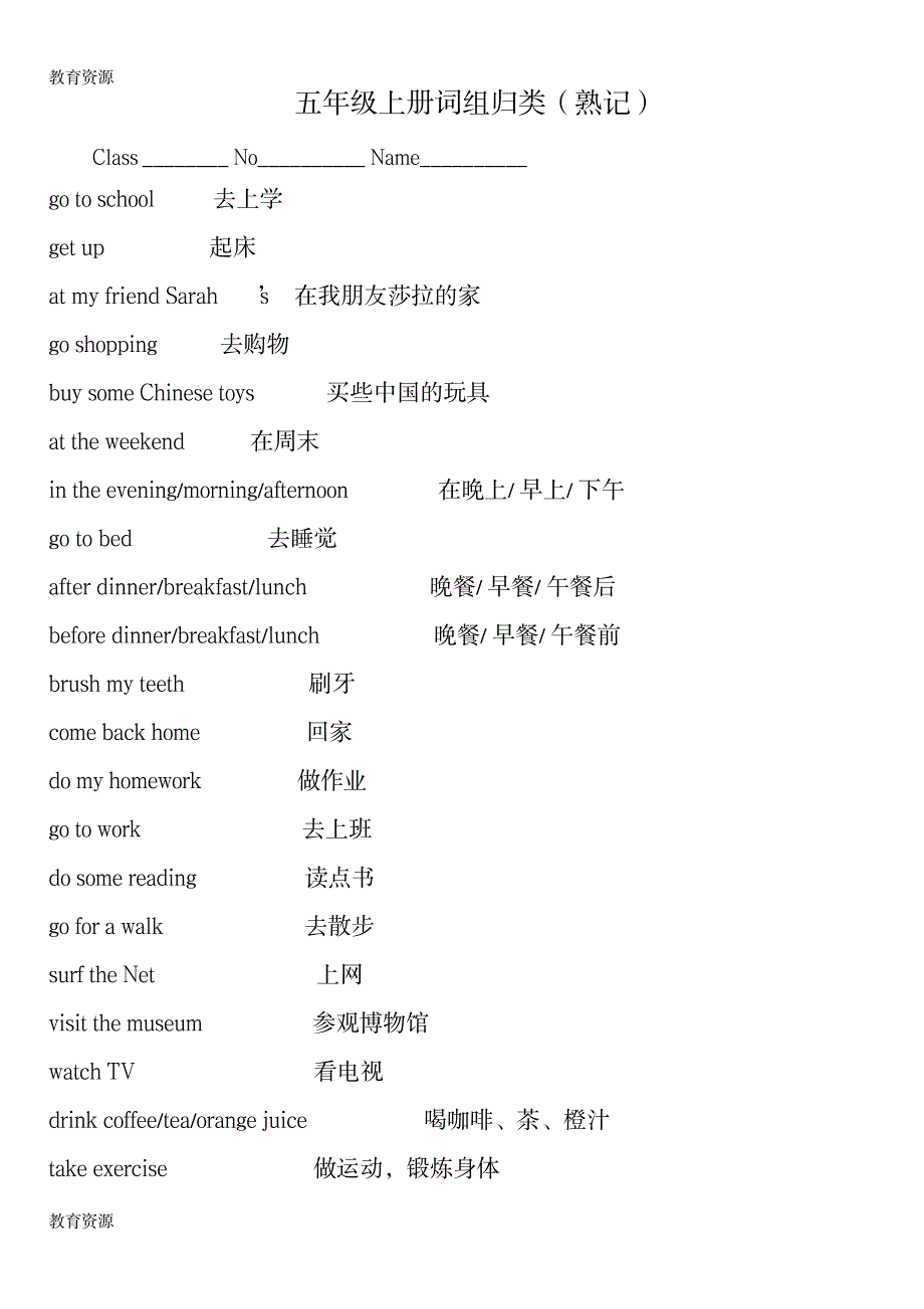 【教育资料】五年级上册英语素材资料词组归类人教学习专用_第1页