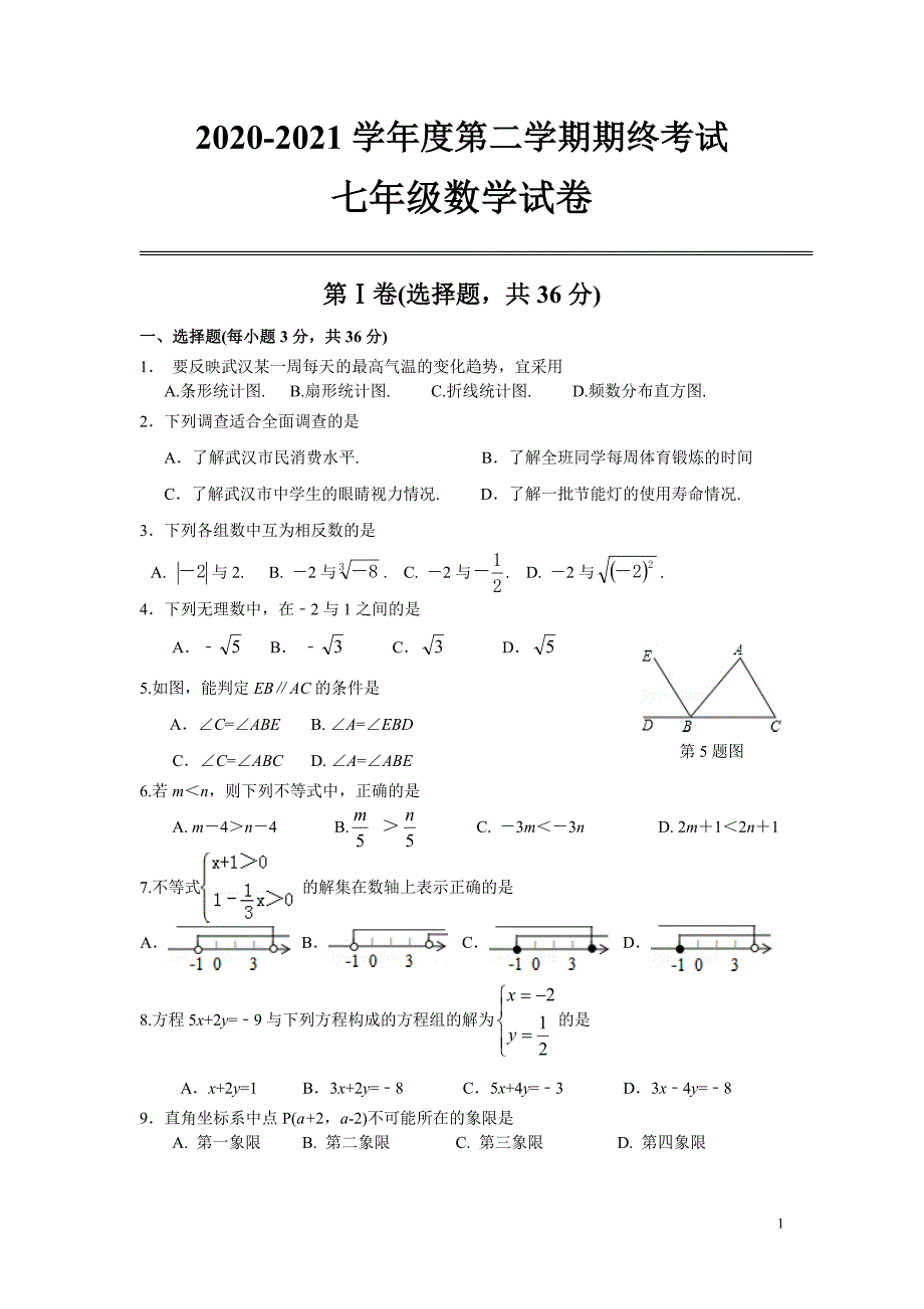 武汉市汉阳区2020-2021年人教版七年级下期末考试数学试题及答案_第1页