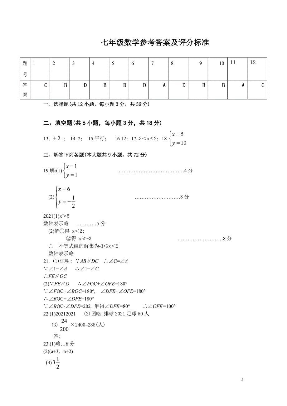 武汉市汉阳区2020-2021年人教版七年级下期末考试数学试题及答案_第5页