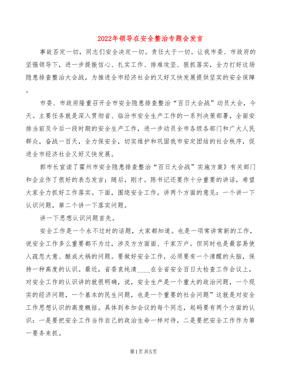 2022年领导在安全整治专题会发言_第1页