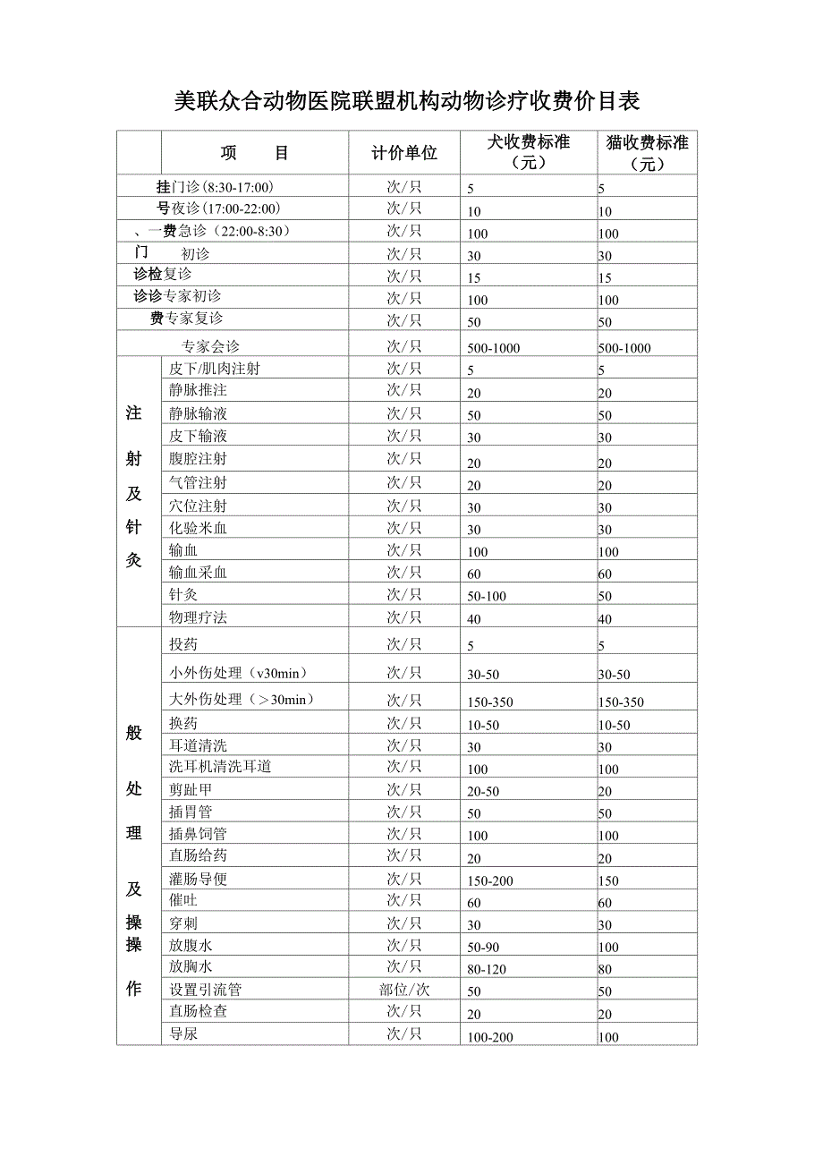 美联众合动物医院联盟机构动物诊疗收费价目表_第1页