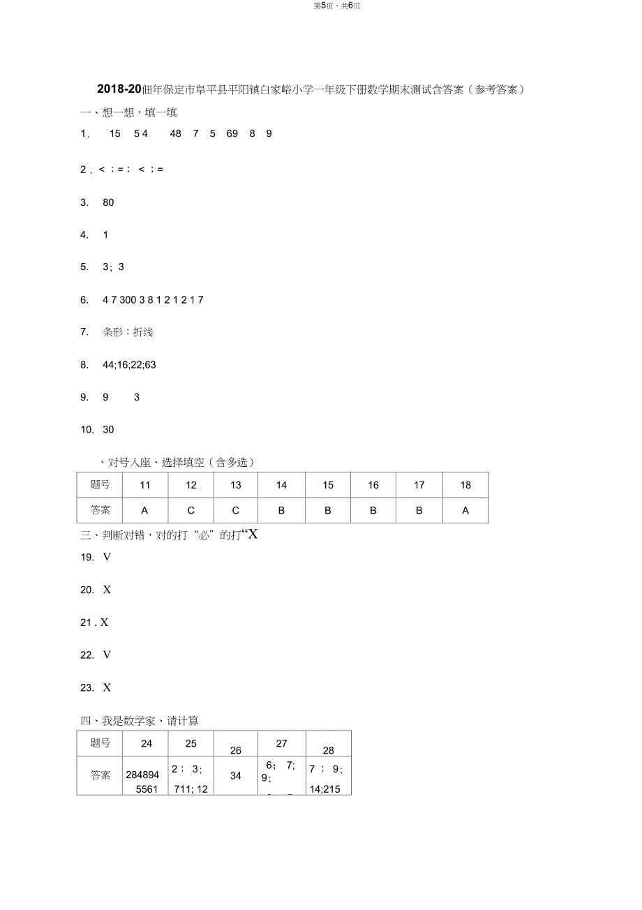 2018-2019年保定市阜平县平阳镇白家峪小学一年级下册数学期末测试含答案_第5页