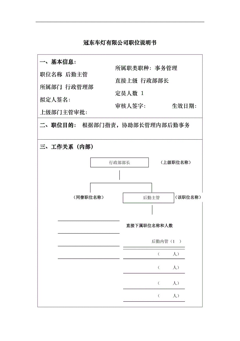 冠东车灯公司行政管理部后勤主管职位说明书_第1页