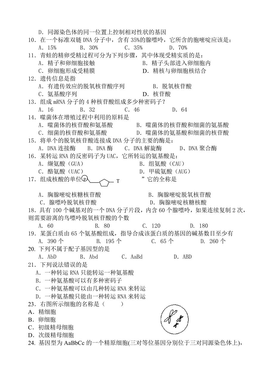 高一生物必修二期中考试试题_第2页