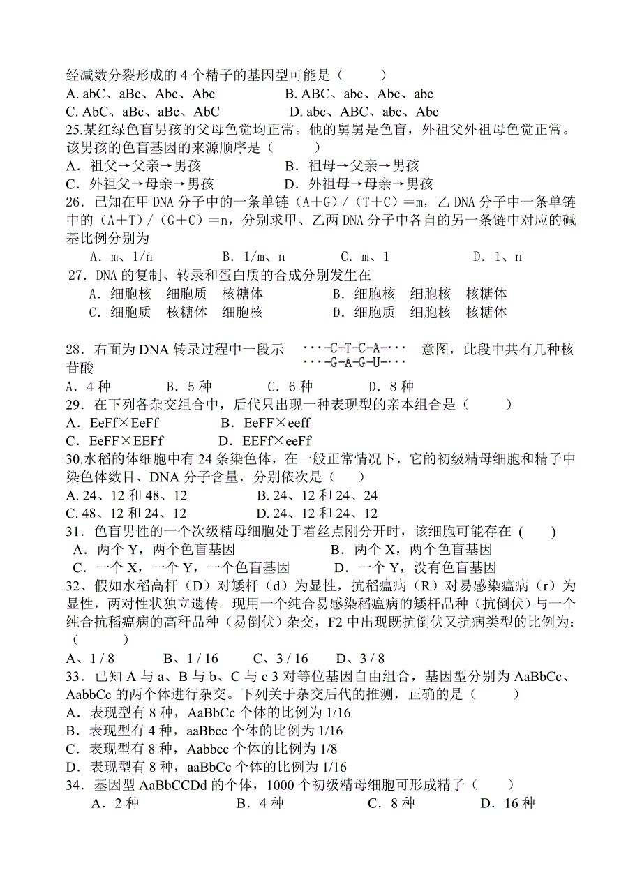 高一生物必修二期中考试试题_第3页