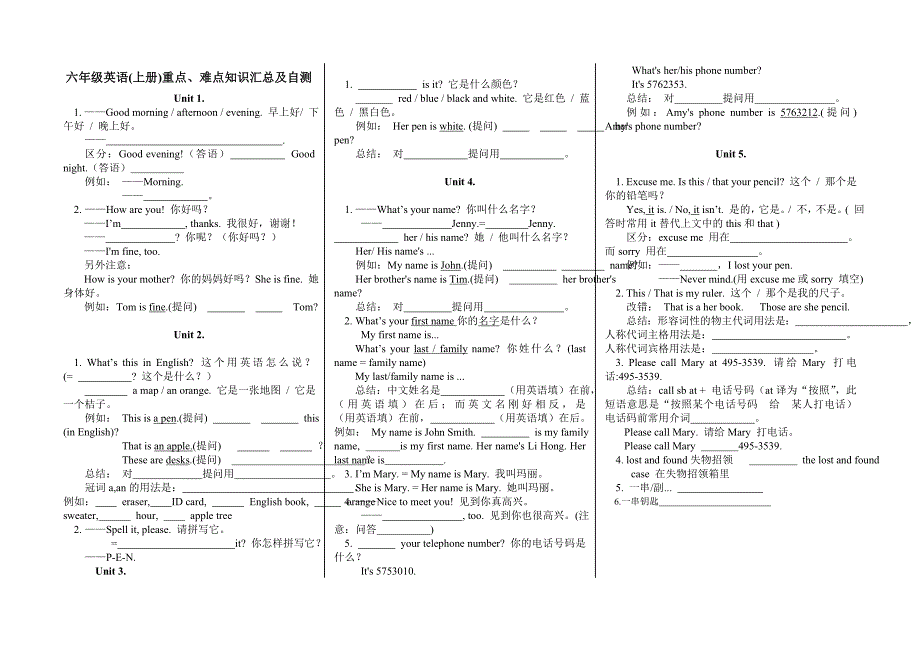 鲁教版六年级英语(上册)1-5单元重点、难点知识汇总及自测_第1页