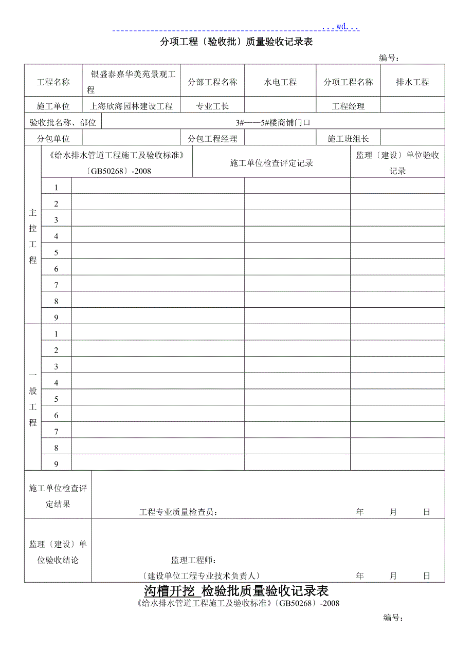 雨污水管道施工工序检验批验收记录表_第1页