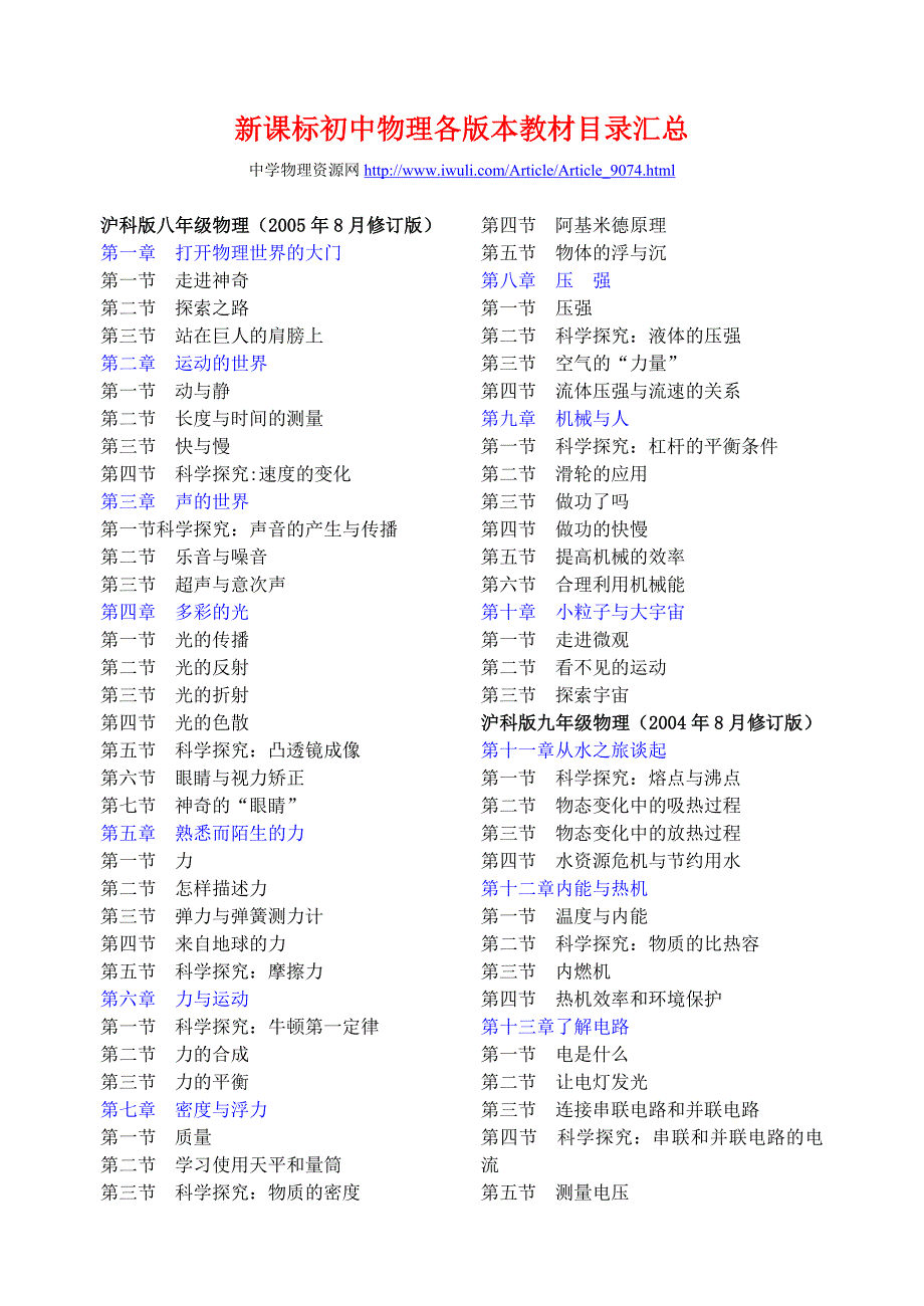 新课标初中物理各版本教材目录汇总194.doc_第1页