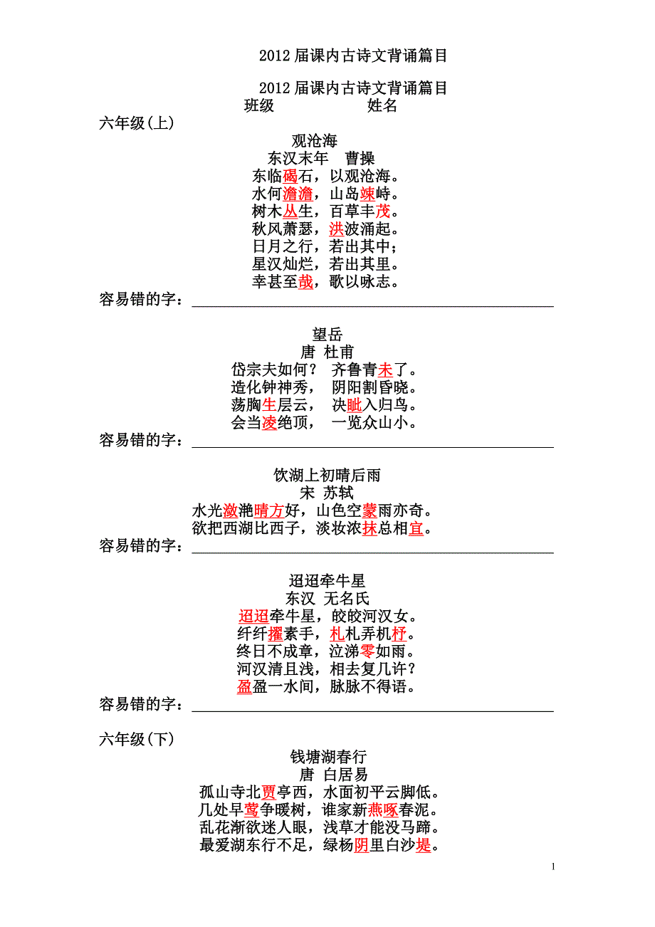 上海2012届初三语文中考文言诗文默写篇目(含义错字).doc_第1页