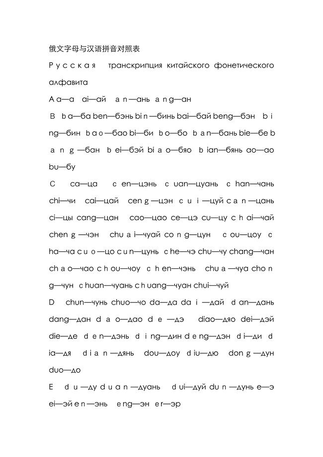 俄文字母与汉语拼音对照表