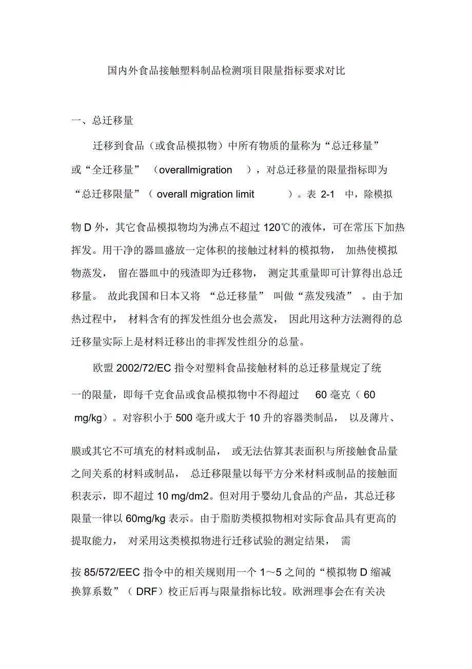检测项目限量指标和检测方法的比较_第1页