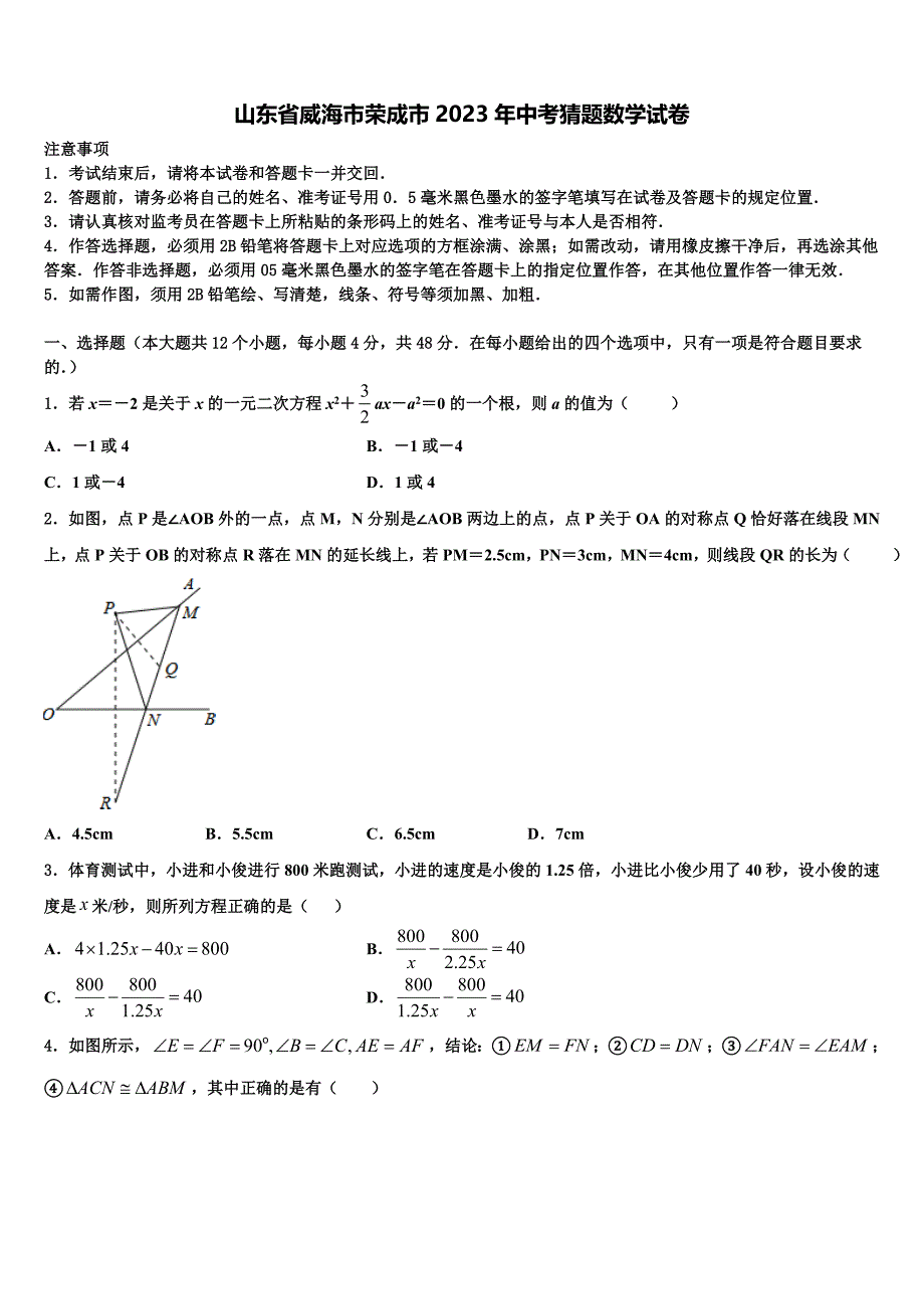 山东省威海市荣成市2023年中考猜题数学试卷(含答案解析）.doc_第1页