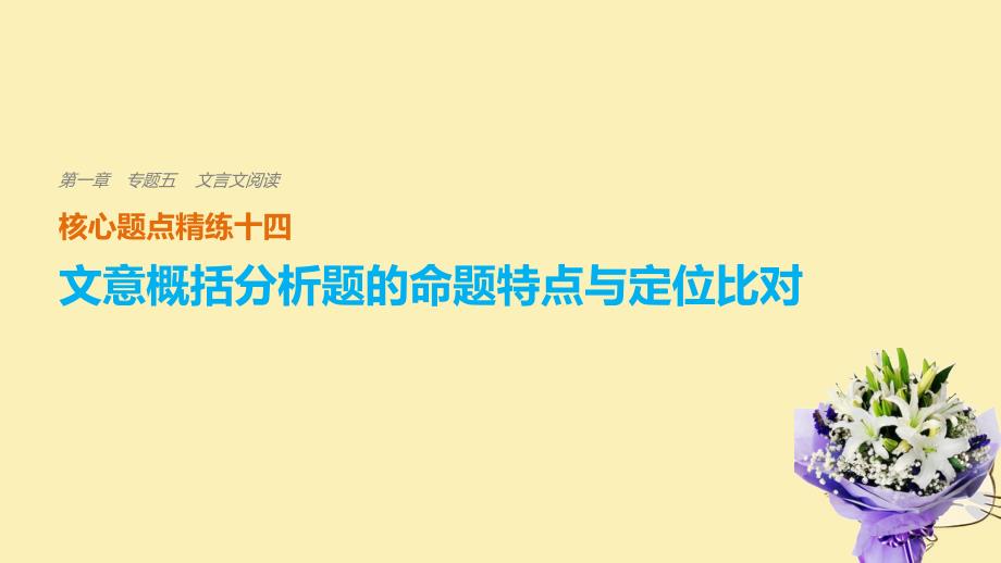 （全国通用）2018版高考语文二轮复习 考前三个月 第一章 核心题点精练 专题五 文言文阅读 精练十四 文意概括分析题的命题特点与定位比对课件_第1页