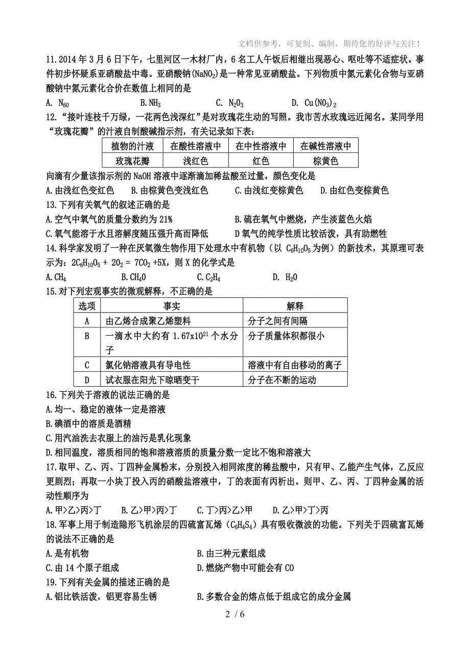 2014年兰州市中考化学诊断试卷_第2页