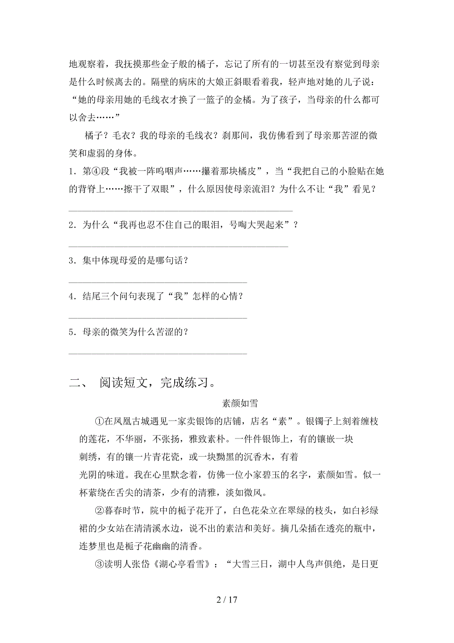 北师大六年级下册语文阅读理解考点知识练习_第2页