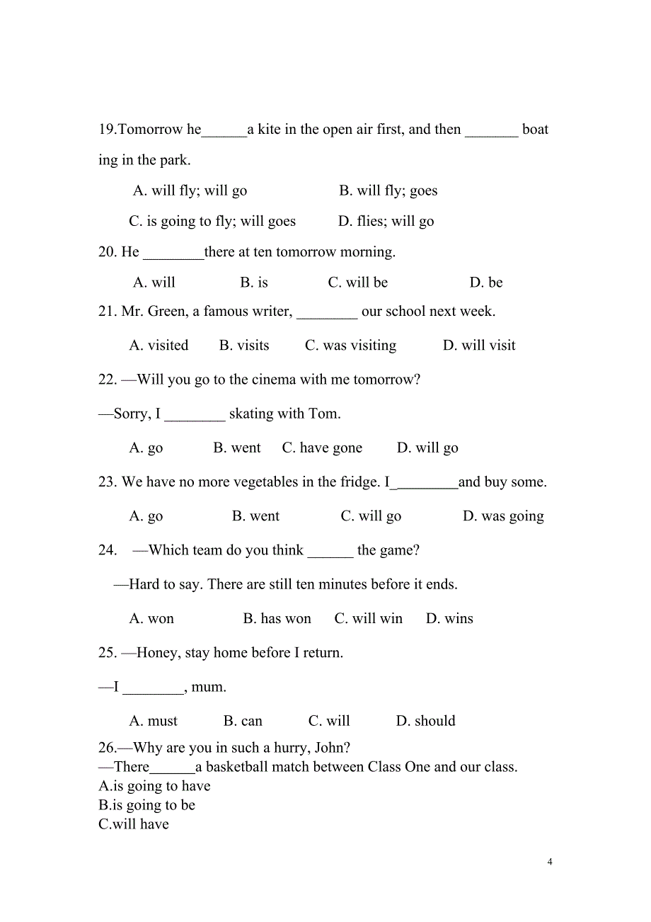 初中英语语法系列第十一讲一般将来时精练（100题含答案）（全国通用）_第4页