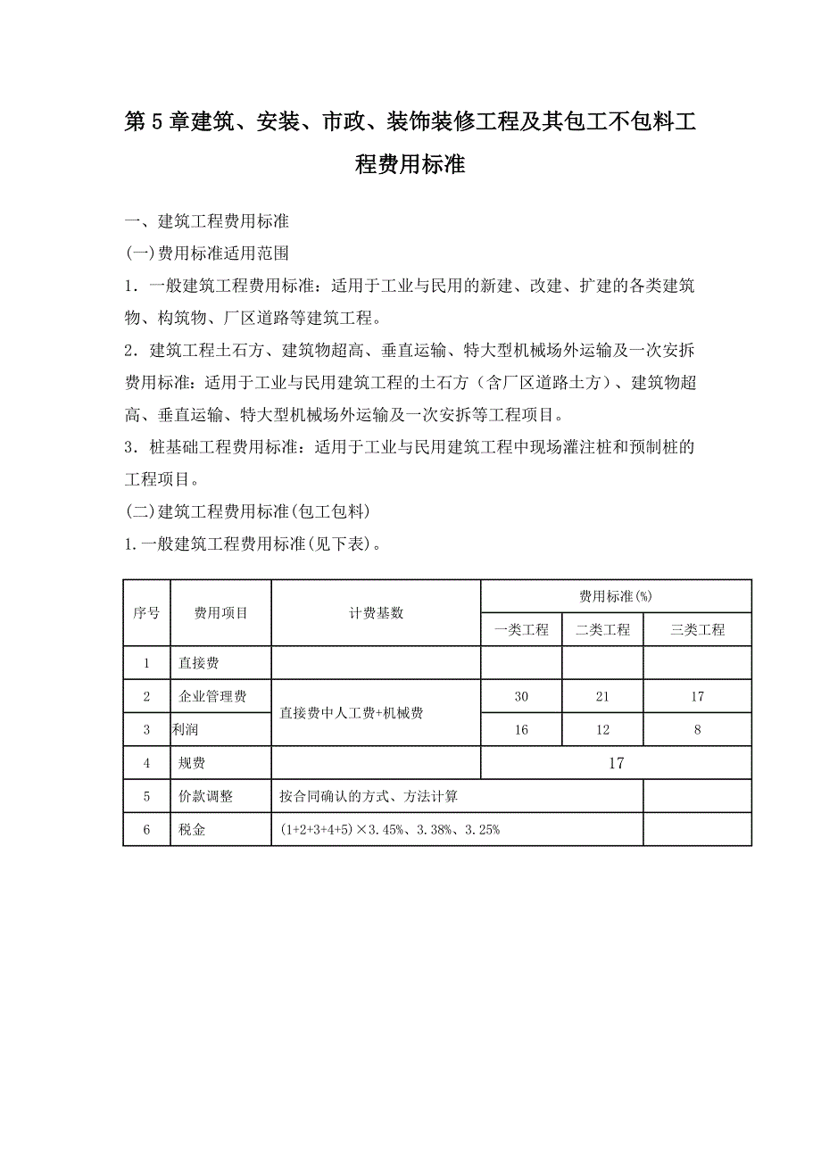 建筑、安装、市政、装饰装修工程及其包工不包料工程费用标准_第1页