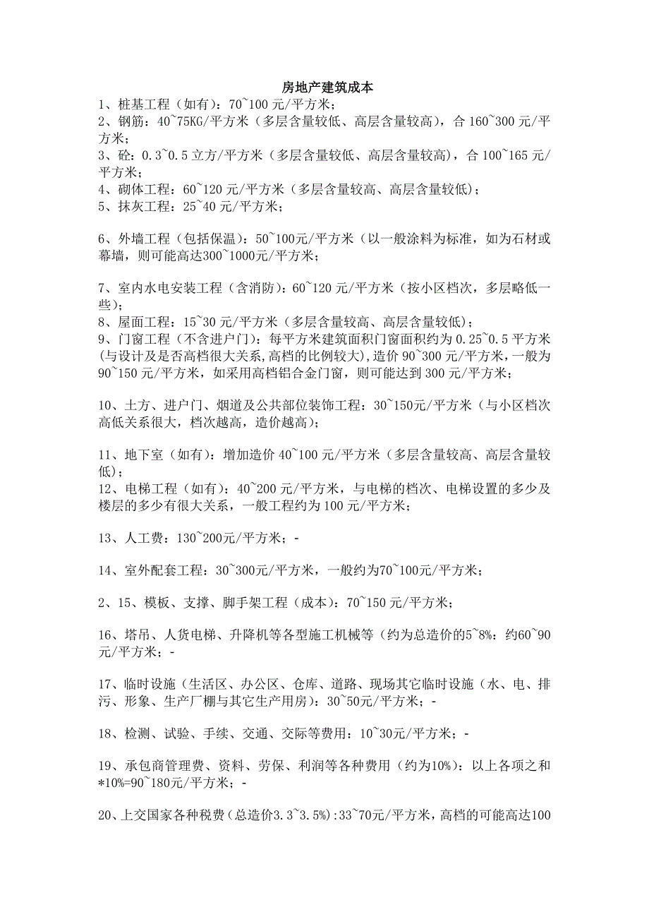 《房建建筑成本》word版_第1页