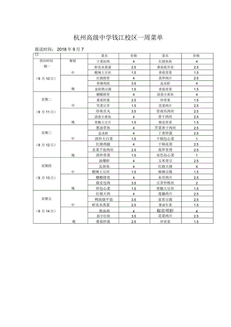 杭州高级中学钱江校区一周菜单_第1页