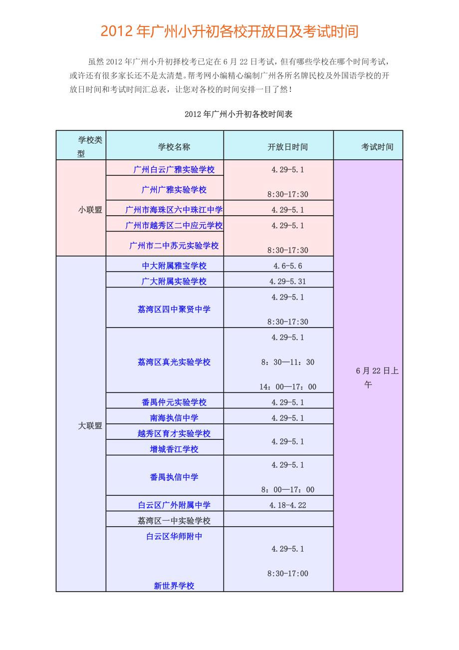 2012年广州小升初各校开放日及考试时间_第1页