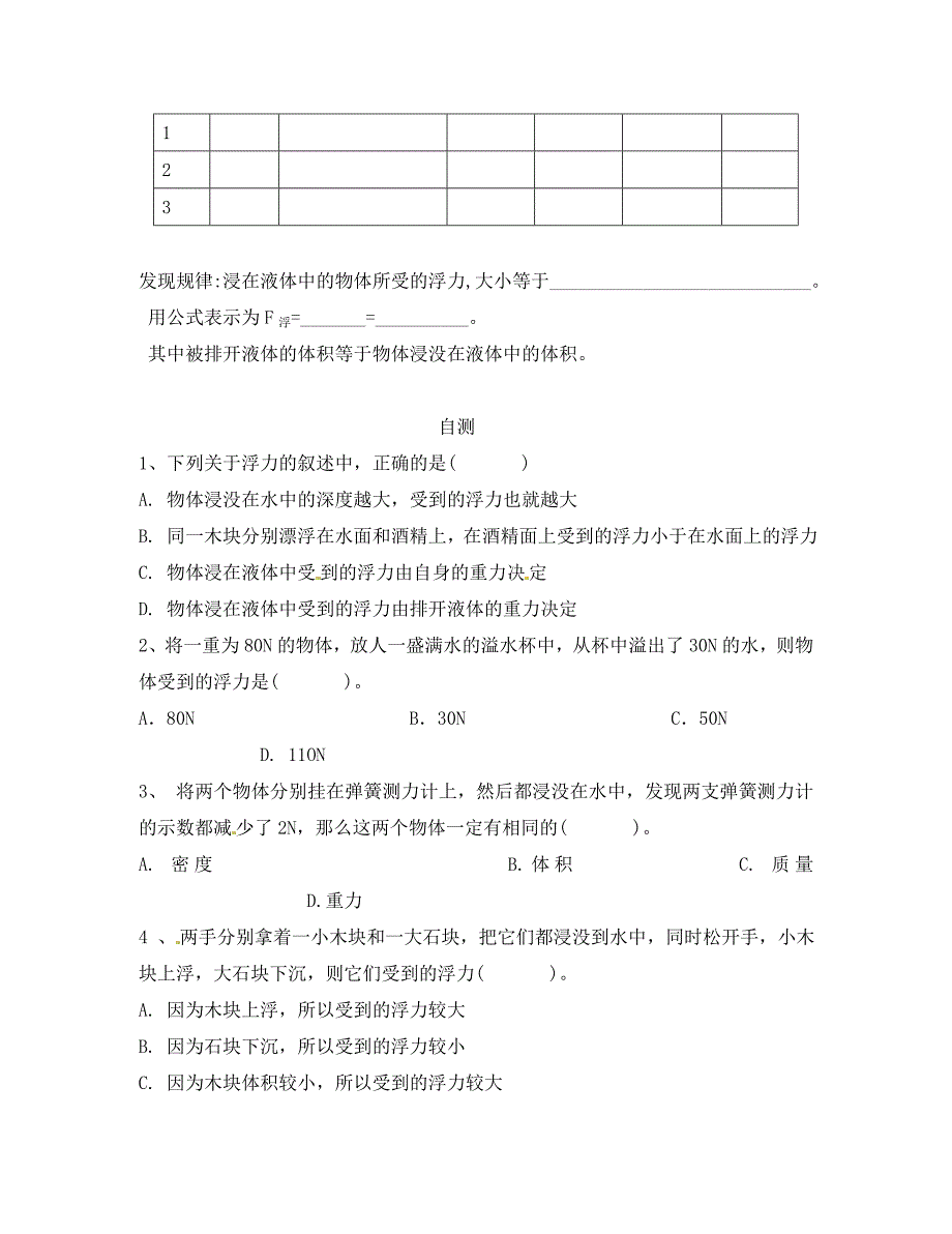 重庆市涪陵区第十九中学八年级物理下册10.2浮力导学案无答案新版新人教版_第3页