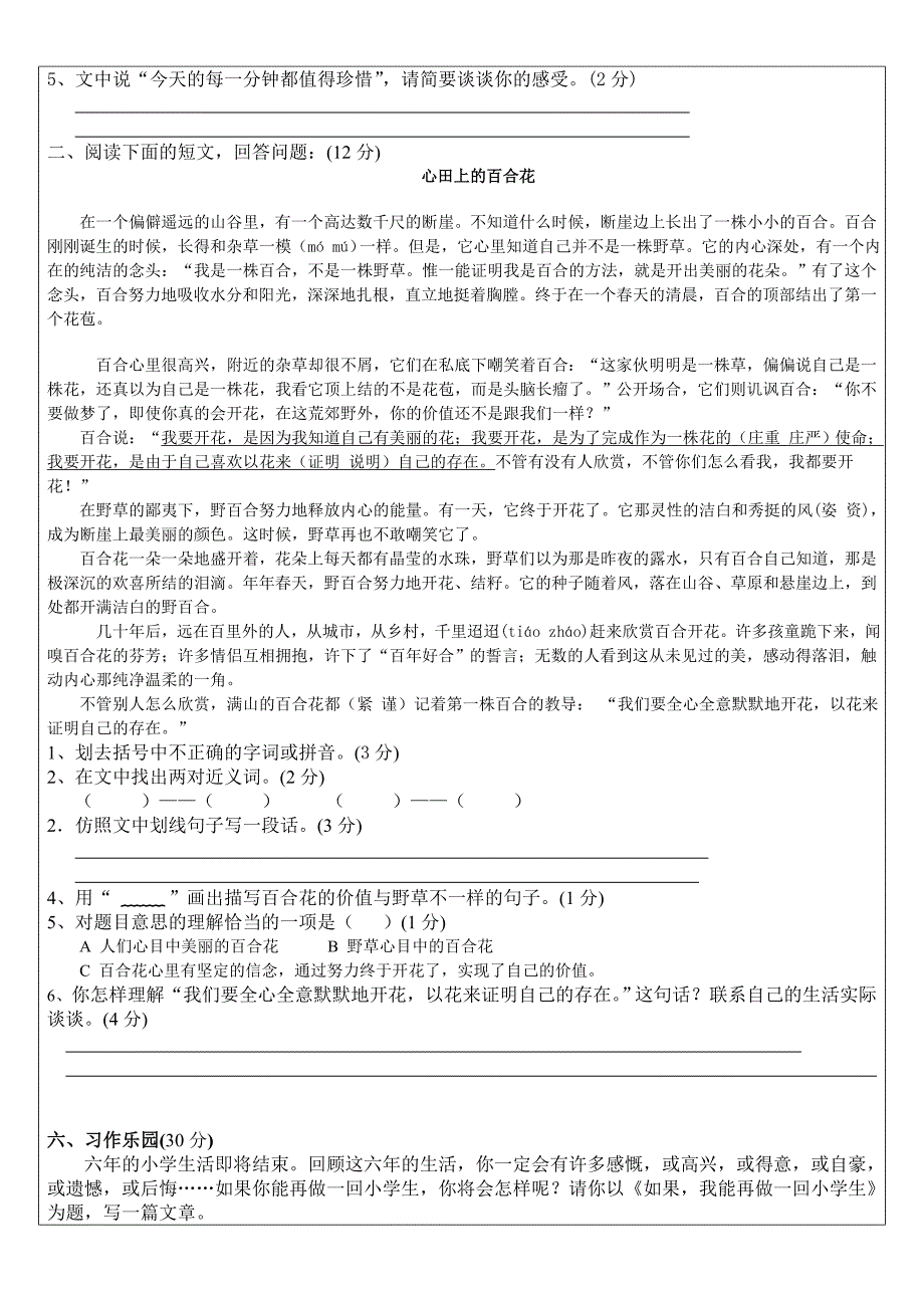 六年级语文科测试卷含答案_第3页