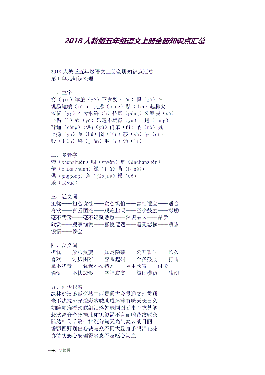 2018年人版五年级语文[上册][全册]知识点汇总(良心出品必属精品).doc_第1页