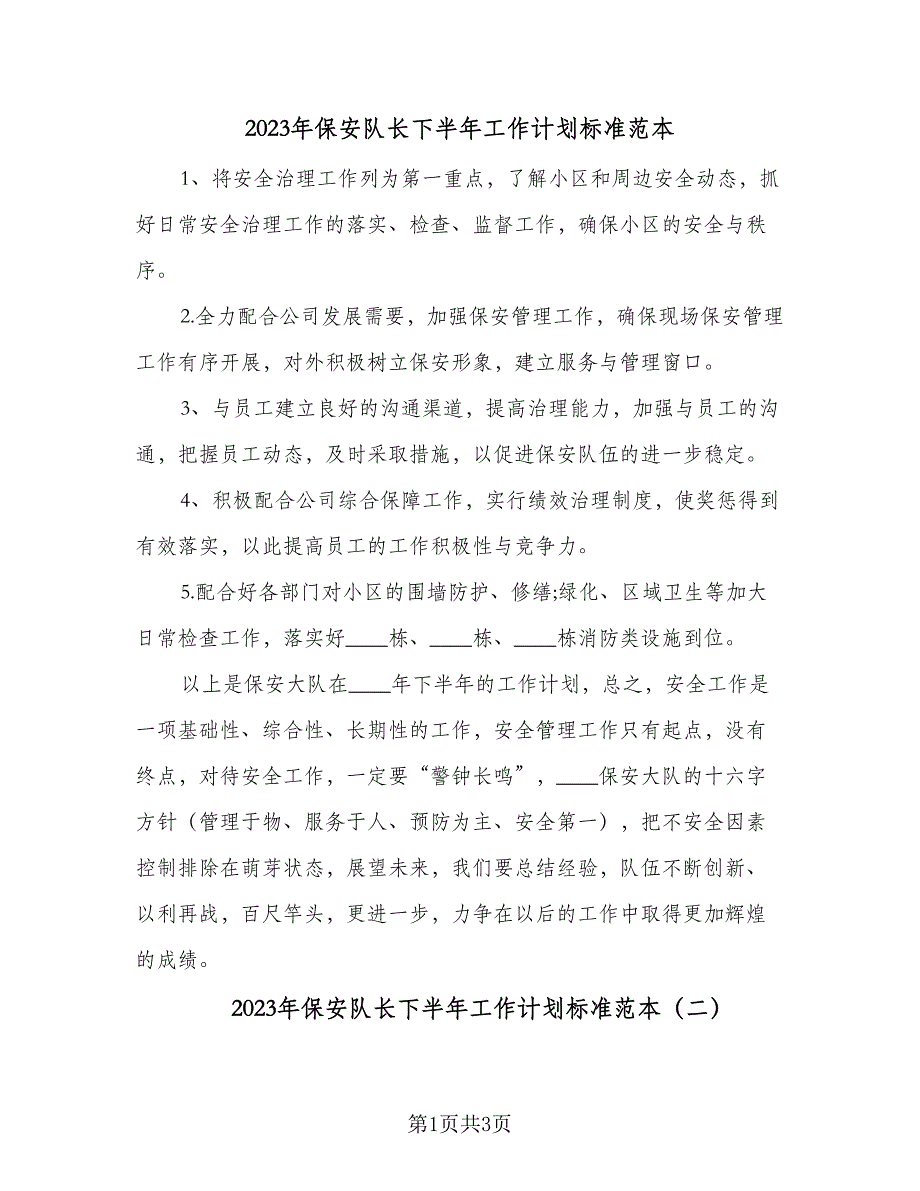 2023年保安队长下半年工作计划标准范本（二篇）_第1页